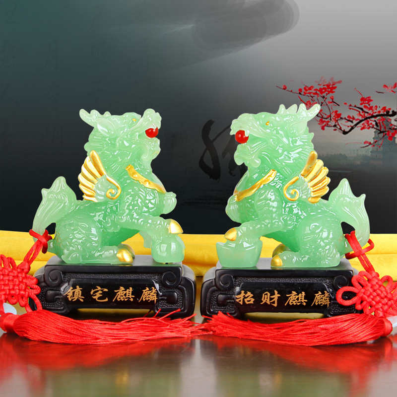 招财玉麒麟摆件公母一对工艺礼品