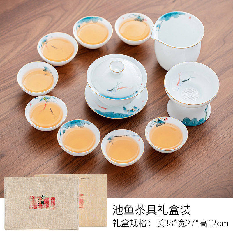 高档手绘功夫茶具套装家用客厅中式泡茶办公室会客盖碗茶具