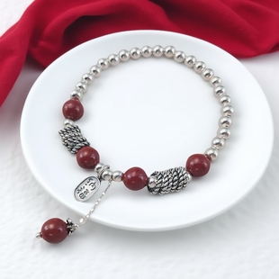 新中式盘缠手链本命年朱砂手串古风纯银串珠钱串子招财纳福饰品