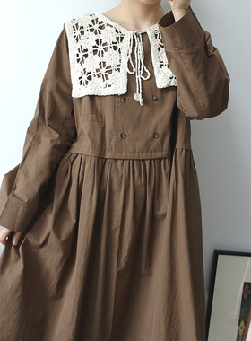 秋款直降！艾娃Elva正品秋季森系少女咖色针织钩花披肩纯棉连衣裙