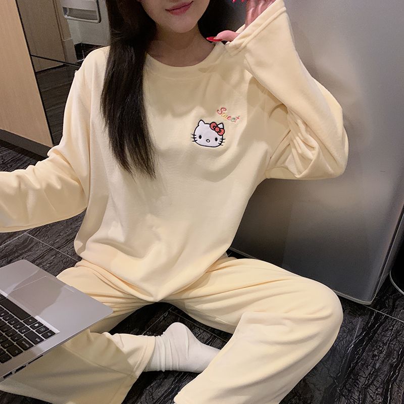 秋冬季套头海岛绒女士睡衣薄款珊瑚绒超柔保暖法兰薄绒家居服套装