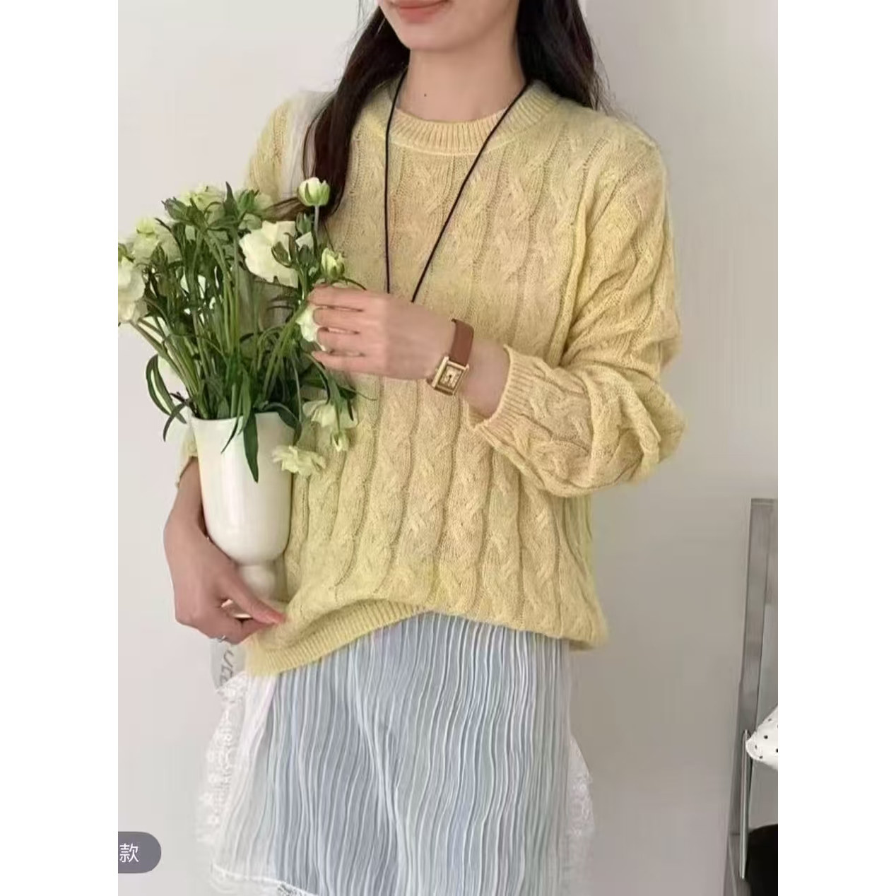 107【春日限定】春季新款女士韩系慵懒风百搭圆领麻花针织上衣