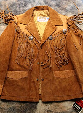 西部世界厚实反绒拼接雕花牛皮黄石猎装流苏猎魔人农场主皮衣