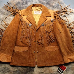 西部世界厚实反绒拼接雕花牛皮黄石猎装流苏猎魔人农场主皮衣