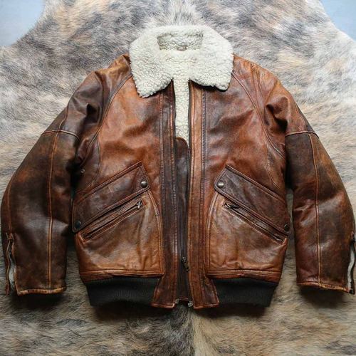 1980s早期设计师 手擦油画旧化加厚复古Bomber皮衣