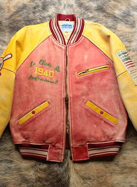 1980s早期设计师 重磅厚实撞色头层牛皮拼接Bomber皮衣