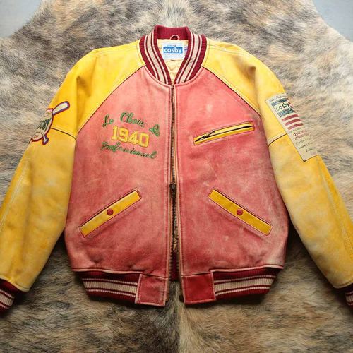 1980s早期设计师 重磅厚实撞色头层牛皮拼接Bomber皮衣