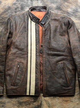 刀锋战神 早期厚实柔软牛皮报童J100机车立领皮衣