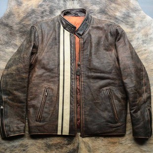 刀锋战神 早期厚实柔软牛皮报童J100机车立领皮衣