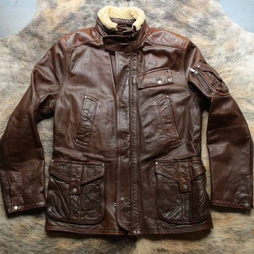 法式复古印象 1990s厚实柔软牛皮超繁裁片狙击多袋皮衣