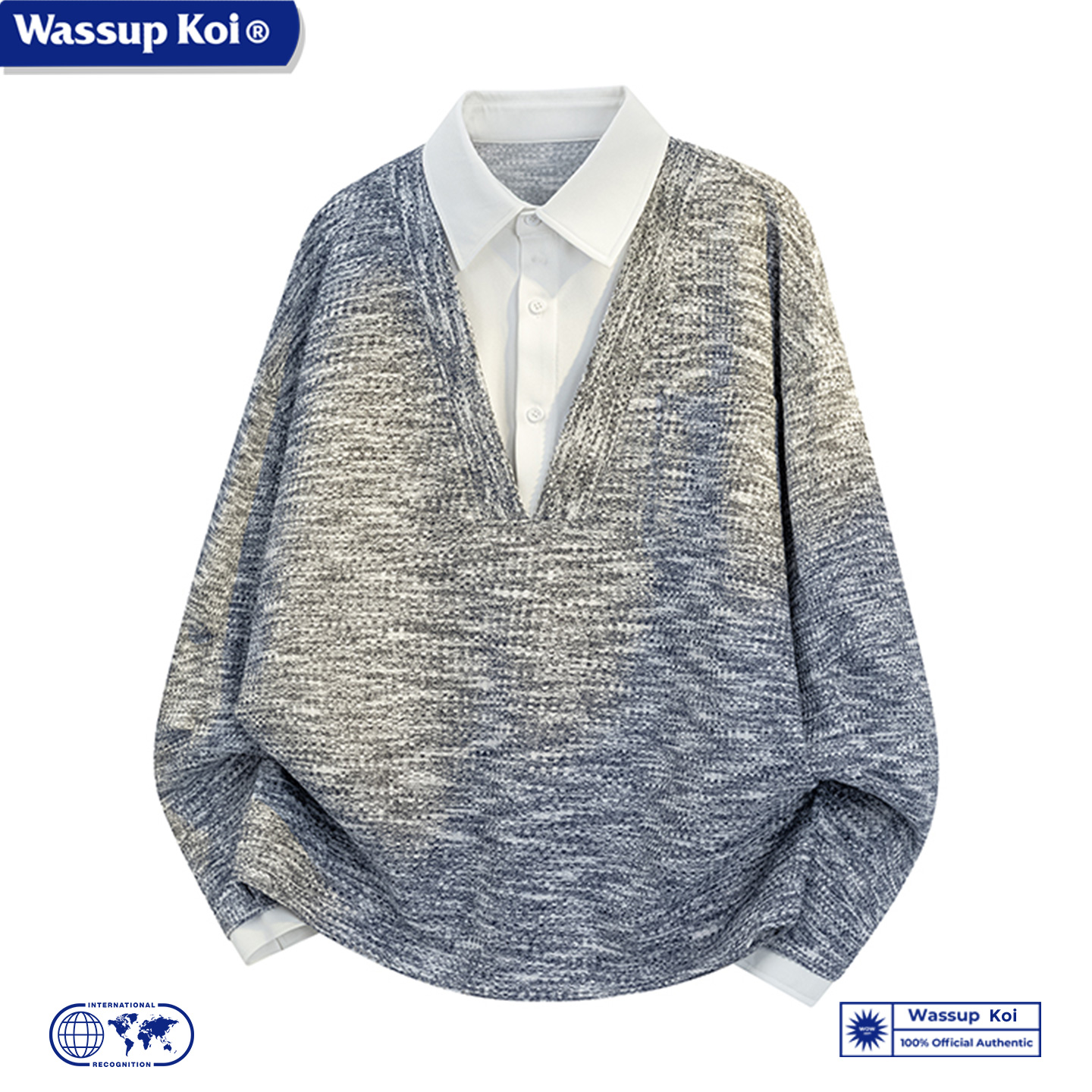 WASSUP KOI假两件衬衫领针织衫男士慵懒风长袖高级感毛衣上衣外套