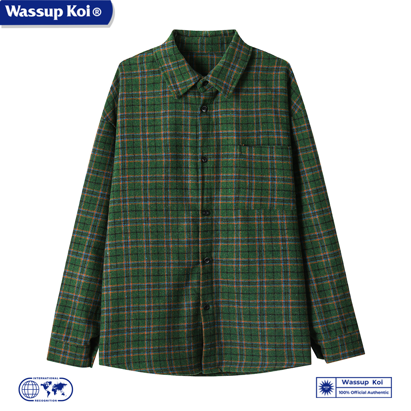 WASSUP KOI联名美式复古工装格子衬衣男秋季休闲潮牌毛呢长袖衬衫