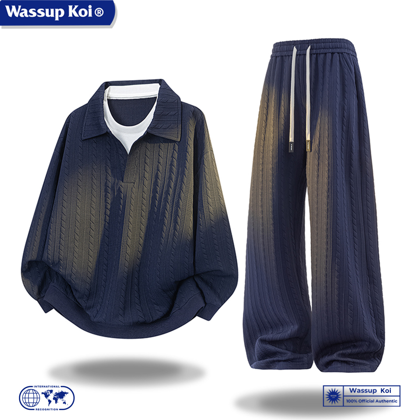 WASSUP KOI联名美式假两件翻领卫衣套装男秋季潮牌宽松百搭运动服