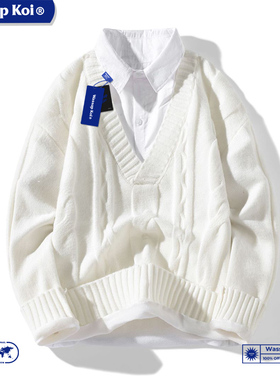 WASSUP KOI假两件毛衣男士秋冬加绒保暖慵懒学院风情侣针织衫线衣