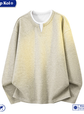 WASSUP KOI联名小V领假两件针织衫男款灰色套头休闲宽松潮牌上衣