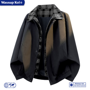 WASSUP KOI联名假两件格纹拼接夹克男秋冬季翻领加绒加厚工装外套