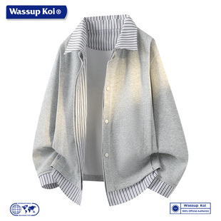 WASSUP KOI联名假两件条纹拼接翻领夹克男休闲风潮流设计感外套男