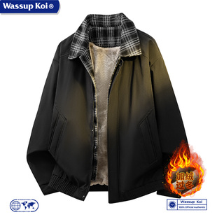 WASSUP KOI联名假两件格纹拼接夹克男秋冬季翻领加绒加厚工装外套