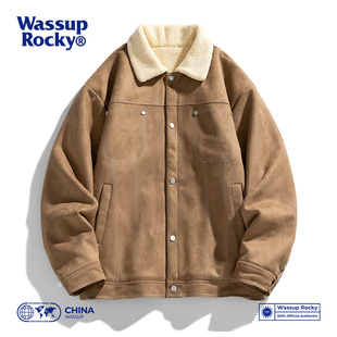 WASSUP ROCKY麂皮绒外套男女情侣秋冬潮流翻领夹克加绒加厚羊羔毛