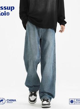 WASSUP KOI潮牌水洗直筒深蓝牛仔裤男款秋冬美式休闲宽松阔腿长裤