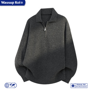 线衣情侣外套 保暖针织衫 WASSUP KOI仿鹿绒日系翻领半拉链毛衣男士