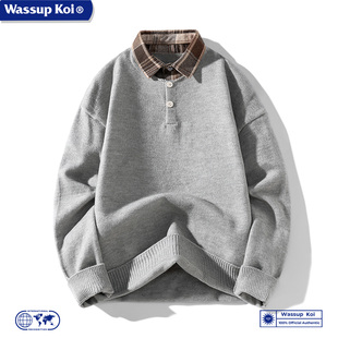 WASSUP KOI联名衬衫领假两件针织衫秋冬美式复古拼接毛衣内搭线衣