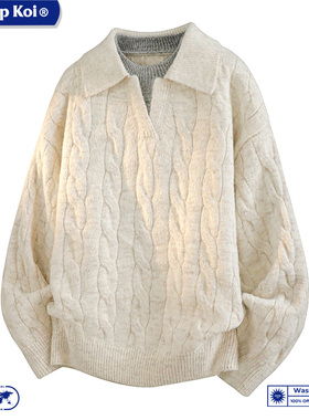 WASSUP KOI假两件绞花纹翻领毛衣男士慵懒风宽松针织衫复古上衣服