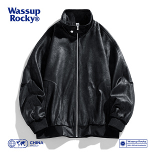 潮牌宽松立领夹克棒球服 复古麂皮绒外套男春秋款 WASSUP ROCKY美式