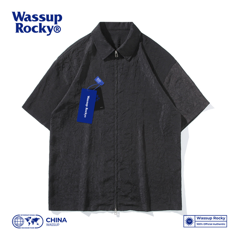 WASSUPROCKY褶皱翻领拉链衬衫男