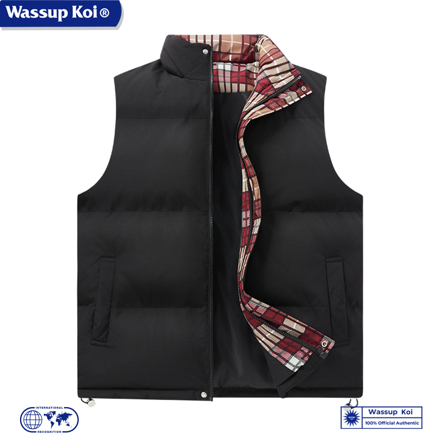 WASSUP KOI联名撞色格纹立领羽绒棉马甲男女冬季背心加厚坎肩外套