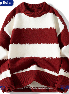 WASSUP KOI美式复古撞色拼接毛衣男士舒适保暖红色长袖圆领针织衫
