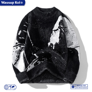 WASSUP KOI联名貂毛质感复古扎染毛衣男士春秋季外套休闲潮牌上衣