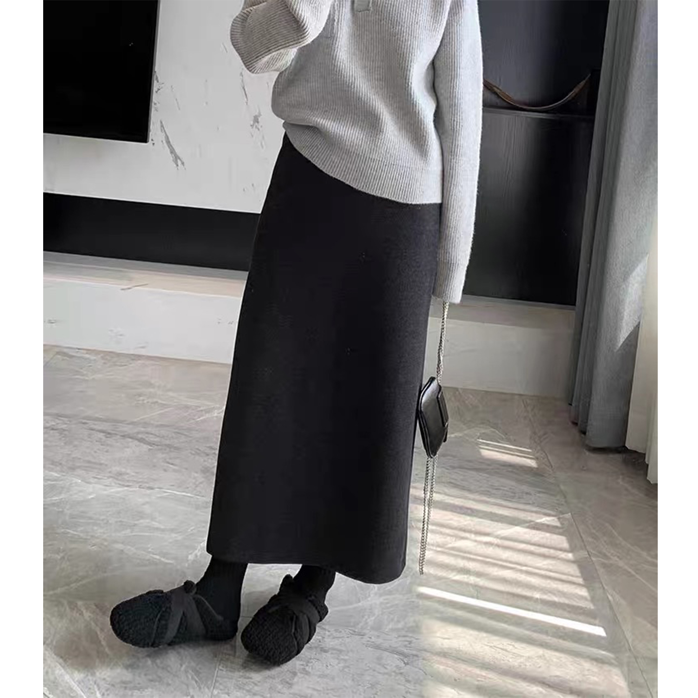 黑色醋酸羊毛呢半身裙女秋冬