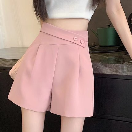 粉色西装短裤女夏季薄款大码设计感不规则宽松高腰显瘦阔腿A字裤