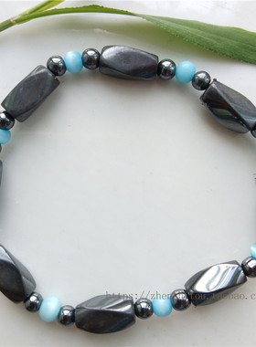 黑磁石手链麻花形搭配猫眼石