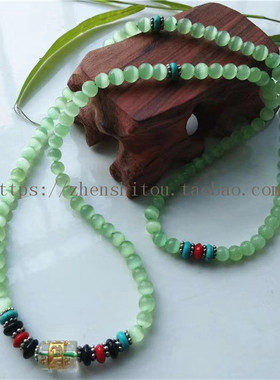 蓝绿猫眼石三圈手链绕手腕白水晶