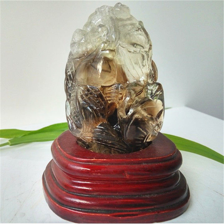 天然俏色茶黄水晶鲤鱼摆件雕刻莲藕如意手把件海洋生物送父母健身