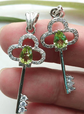 天然橄榄石钥匙925银戒面吊坠