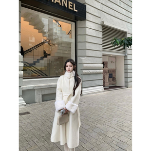 DUCHUNZI   爱的獭兔毛领收腰设计感大衣气质千金手工外套秋冬女