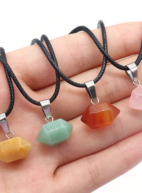 【茜茜珠饰】天然水晶玛瑙石双尖六角柱吊坠子弹头项链 17色