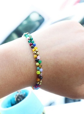 【茜茜珠饰】水晶玛瑙半宝石抛光小圆珠编织铃铛手链虎眼石 六色