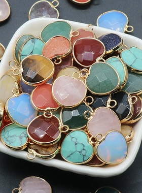 【茜茜珠饰】天然水晶玛瑙石爱心包边切面diy手链项链单吊坠 12色