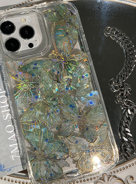 ins森林薄荷绿蝶适用苹果17pro 16promax小米15reno14s18/s19pro reno12/13promate70pro p80pro手机壳s24s25