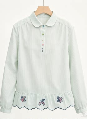飞鸟系列剪标新款文艺感上衣条纹翻领半开襟绣花衬衫上衣女