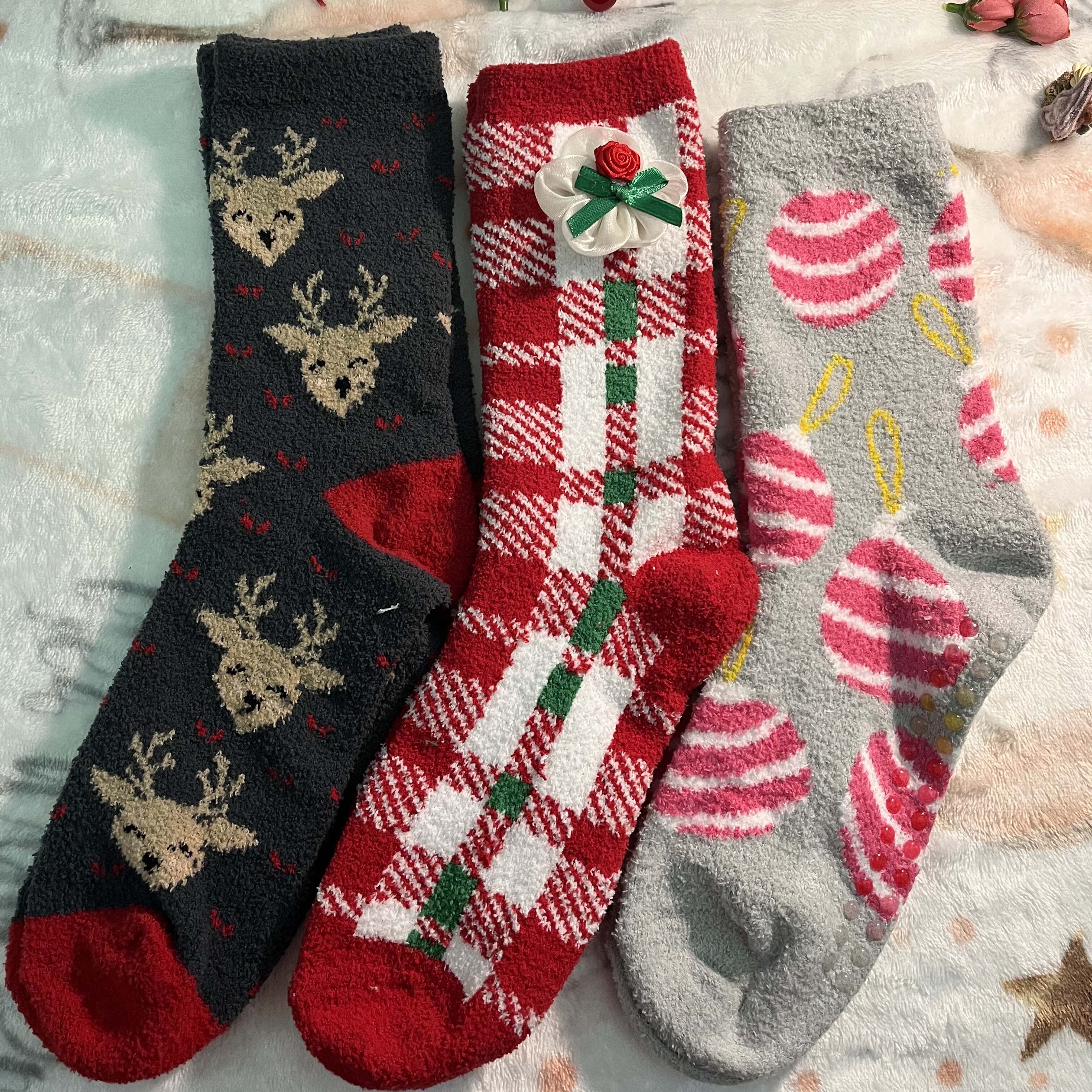 北緯8度復古系女襪聖誕系新年紅襪子珊瑚絨可愛風保暖襪出口單3雙