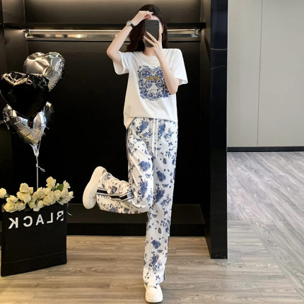 2026夏季新款时尚休闲运动套装女宽松白色短袖t恤长裤两件套