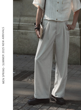 ELI【馥芮白】花纱双褶薄款亚麻混纺夏季老钱风直筒休闲裤西裤男
