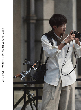 ELI【白桦林】秋冬磨毛触感亲肤抗皱尖领白色条纹休闲长袖衬衫男