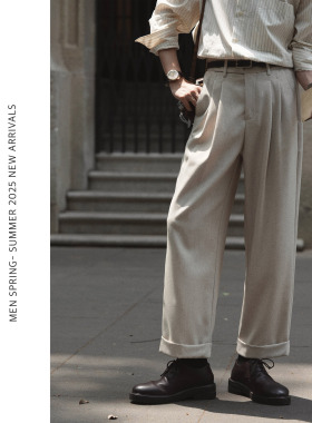 Eli【白沙】老钱风法国雨露麻混纺夏季薄款透气休闲双褶直筒西裤