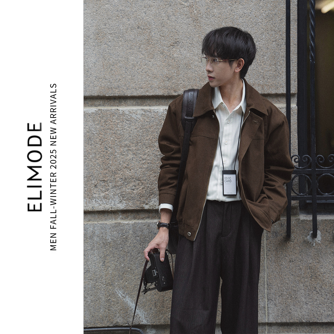 Eli 【朦胧秋日】复古上衣斜纹宽松秋冬休闲短款男士夹克外套棕色